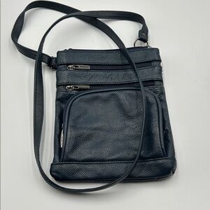Leather Crossbody Bag navy blue 7 1/2 inches wide 9 1/2 inches long